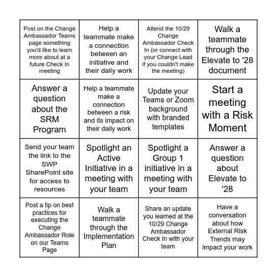 Oct/Nov Change Ambassador BINGO Card