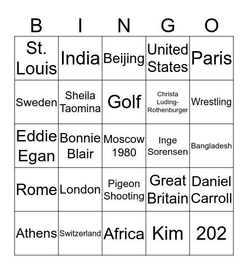 TOS BINGO - Summer Olympics Bingo Card