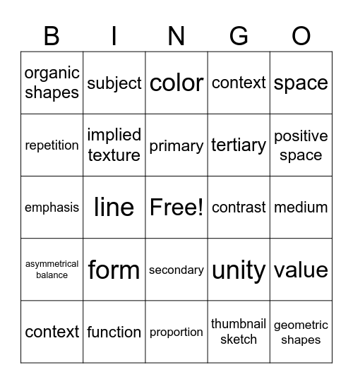 Elements and Principles Bingo Card