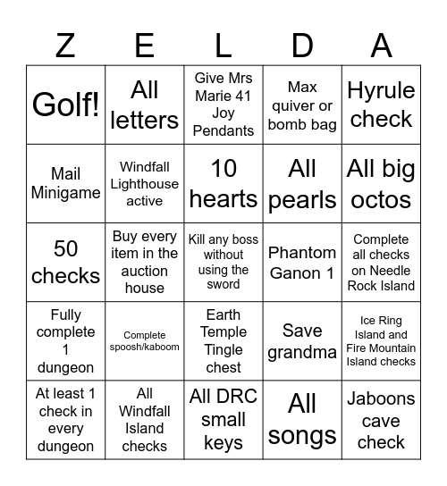 WindWaker Randomizer Bingo Card