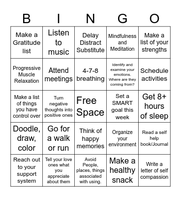 Coping Skills in Recovery Bingo Card