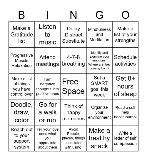 Coping Skills in Recovery Bingo Card