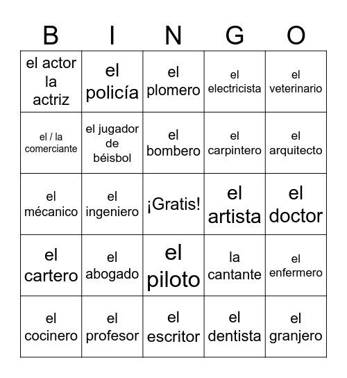 Spanish Occupations Bingo Card