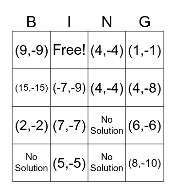 Absolute Value Bingo Card