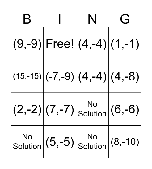 Absolute Value Bingo Card