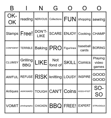 Hobbies and Interests Bingo Card