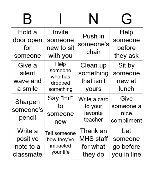 Random Acts of Kindness BINGO! Bingo Card