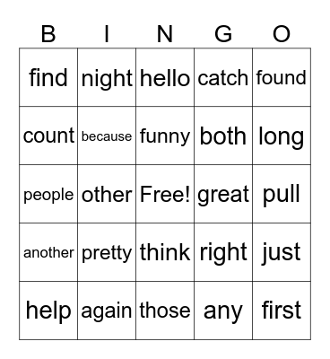 1B Sight Words Bingo Card