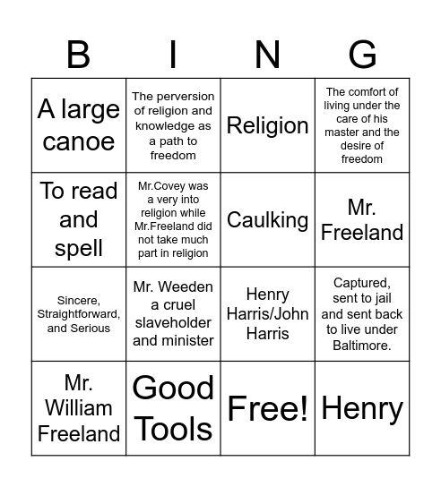 Frederick Douglass Chapter 10 1/2 Bingo Card