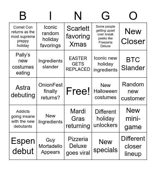 Pizzeria Deluxe Bingo Card