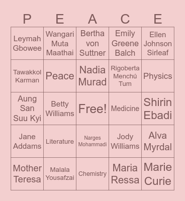 Women and Nobel Peace Prizes Bingo Card