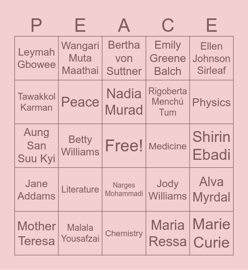 Women and Nobel Peace Prizes Bingo Card