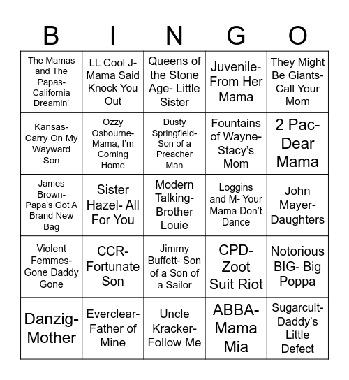 Radio Bingo "Family" Music Bingo Card