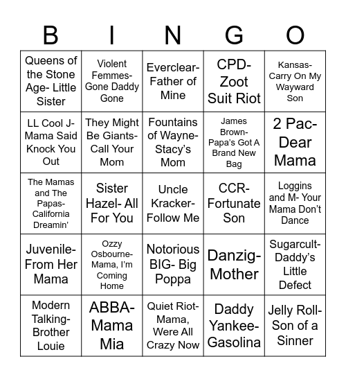 Radio Bingo "Family" Music Bingo Card