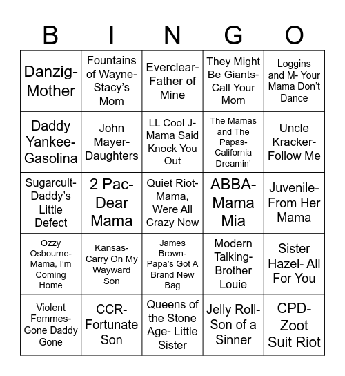 Radio Bingo "Family" Music Bingo Card