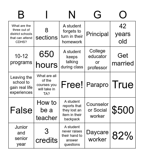 Teaching Academy Bingo Card