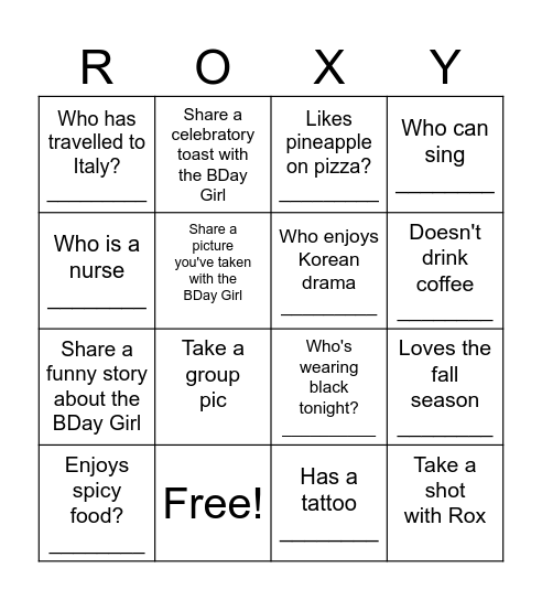 Roxanne's BDAY CELEBRATIONS Bingo Card