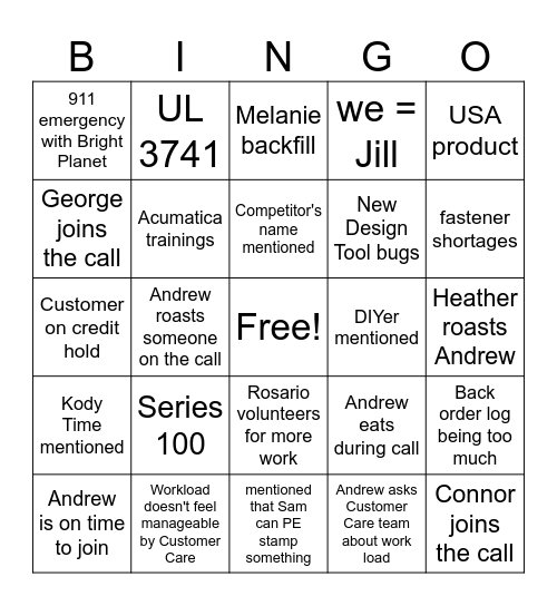 Weekly CX Team Meeting Bingo Card