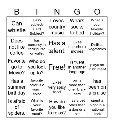 Getting To Know Each Other Bingo Card
