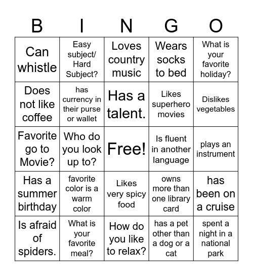 Getting To Know Each Other Bingo Card