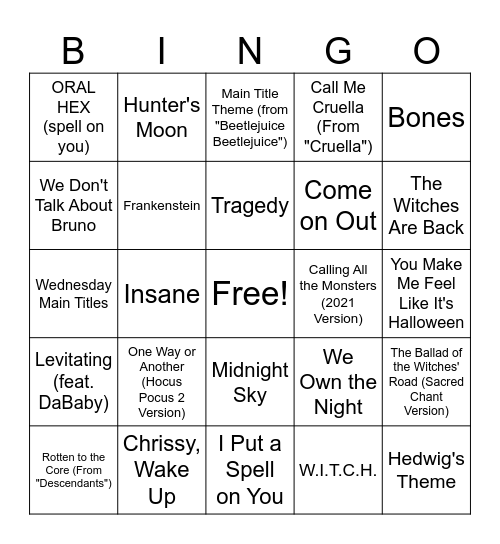 Spooky Music Bingo Round #4 Bingo Card