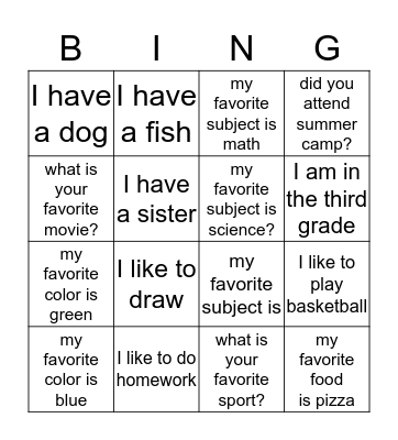 getting to know you bingo Card