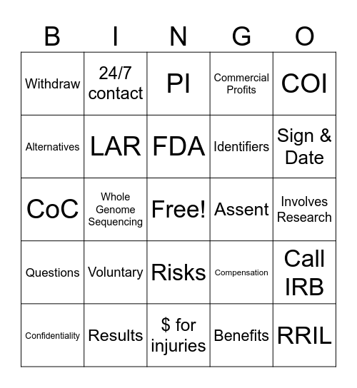 Consent Forms Bingo Card