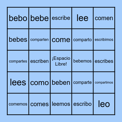 Present Tense ER/IR Verbs Bingo Card