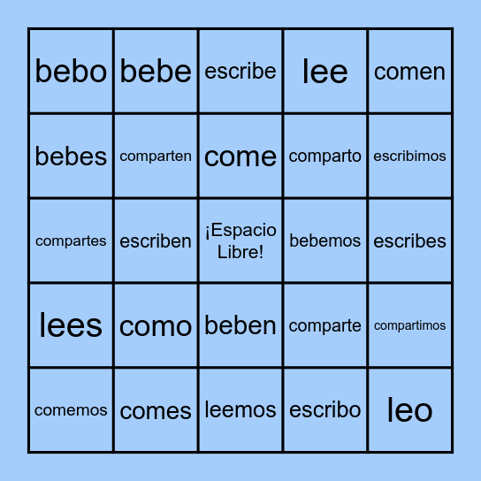 Present Tense ER/IR Verbs Bingo Card