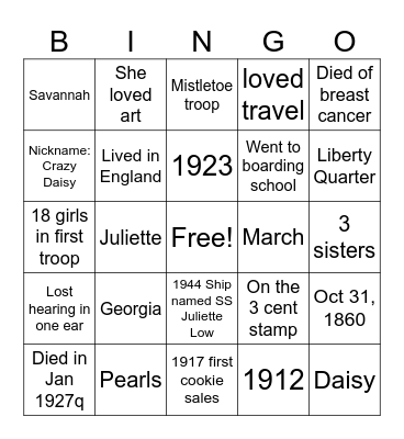 Juliette Gordon Low Bingo Card