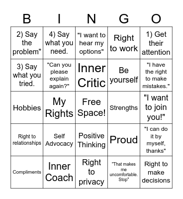 Self Confidence and Advocacy! Bingo Card