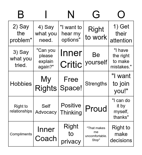 Self Confidence and Advocacy! Bingo Card