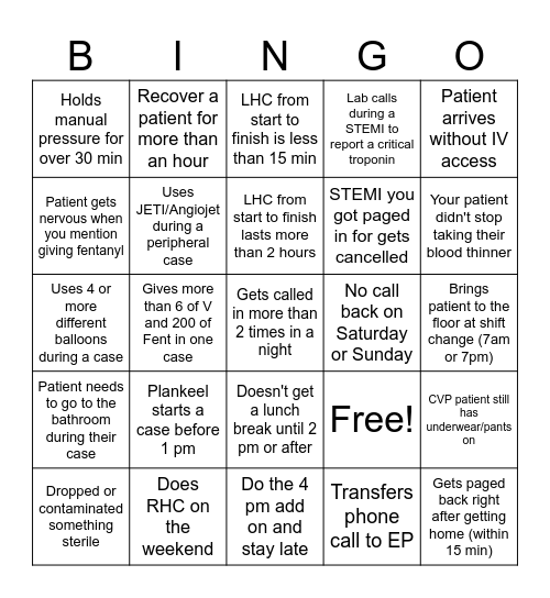 Cath Lab BINGO Card