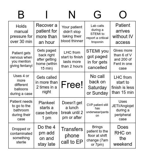 Cath Lab BINGO Card