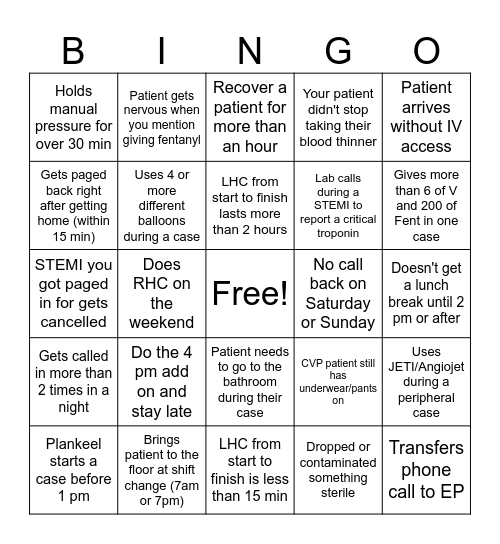 Cath Lab BINGO Card