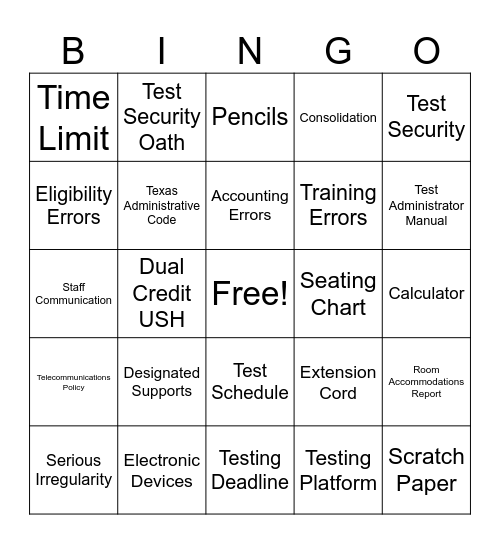 STAAR Bingo Card