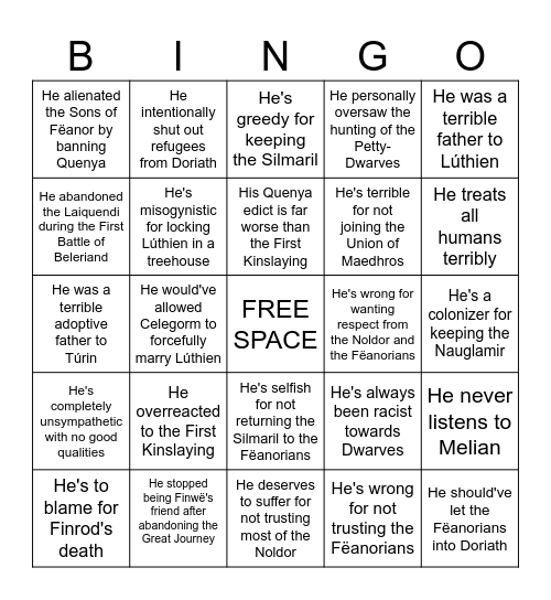 Bad Thingol Takes Bingo Card