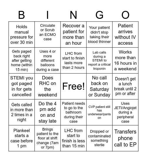 Cath Lab BINGO Card