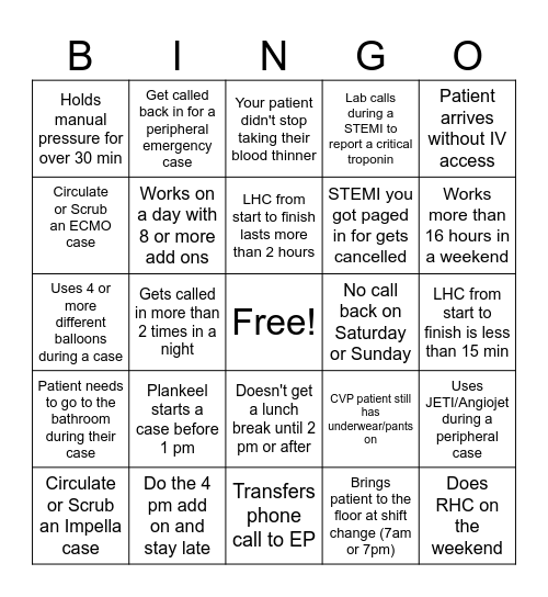 Cath Lab BINGO Card