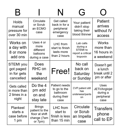 Cath Lab BINGO Card