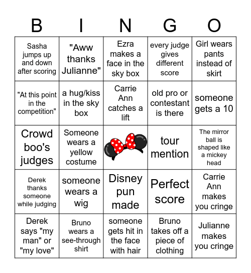 DWTS Disney Night Bingo Card