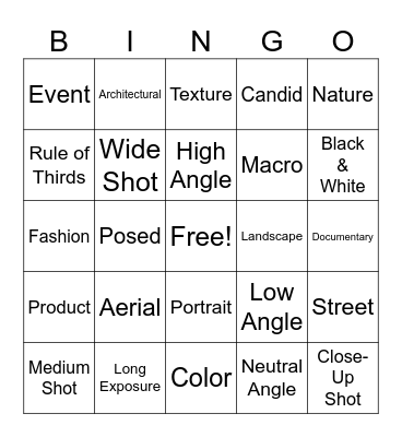 Photography Bingo Card