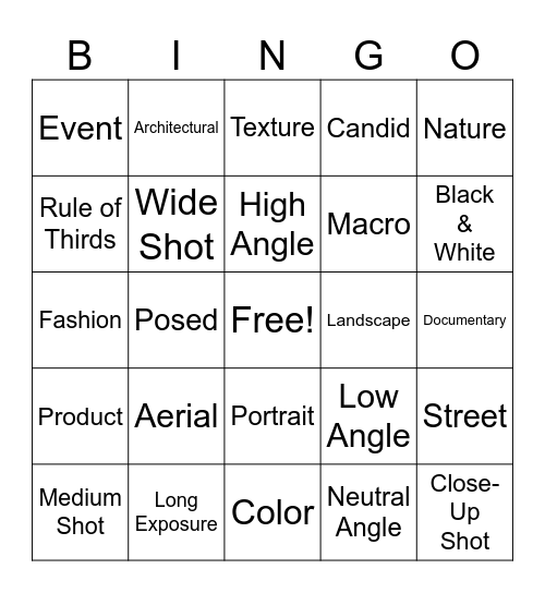 Photography Bingo Card