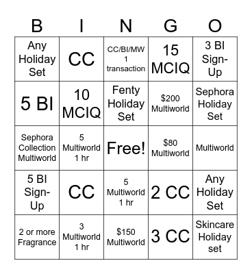 Newport Centre Holiday Bingo Card