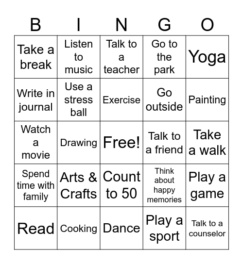 Stress Management Bingo Card