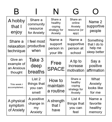 ANXIETY BINGO Card