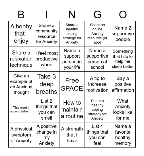 ANXIETY BINGO Card