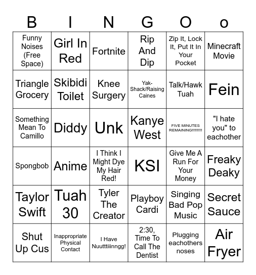 Zach, Owen, and Camillo Bingo Card