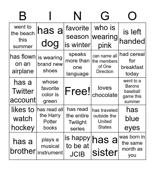 NICE TO MEET YOU BINGO     Name_________________ Bingo Card