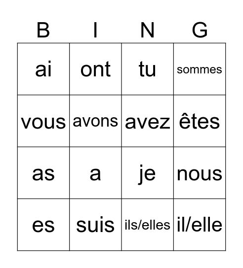 Les verbes avoir et être Bingo Card